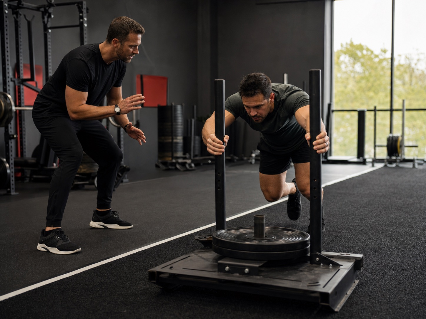 A performance coach guiding a client through a sled push