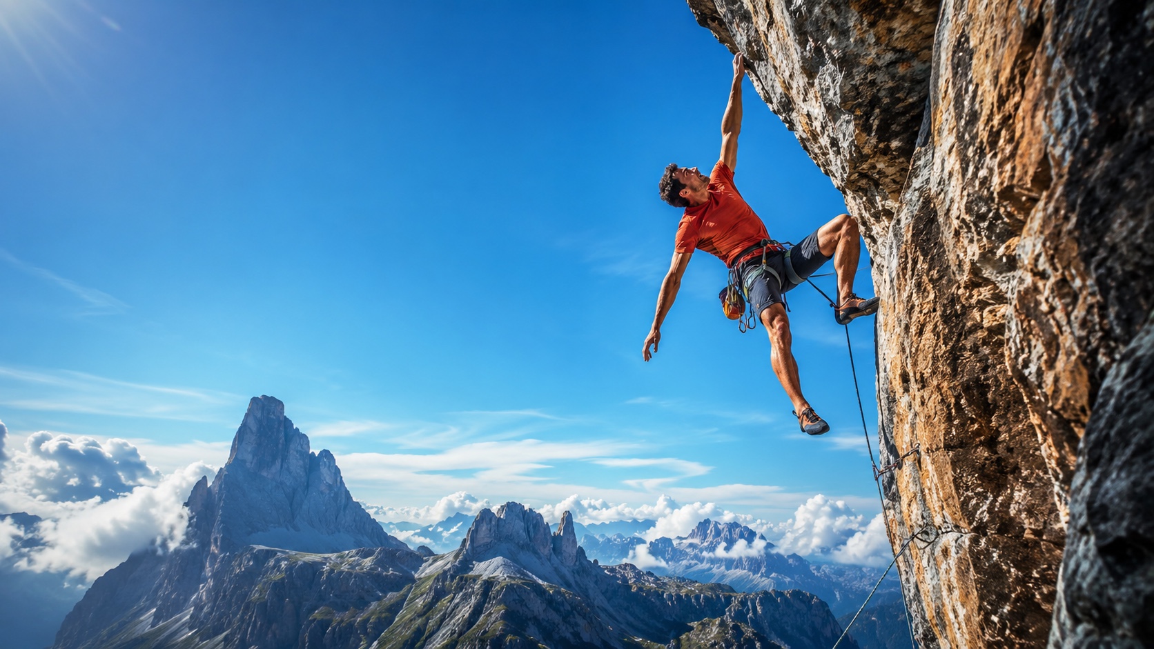 A climber reaching for the next hold high above a mountain range, representing transcendence and greatness